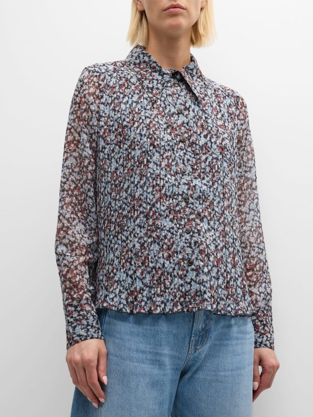 GANNI NWOT Pleated Floral Abstract Chiffon Oversized Blouse Shirt Sz 34/US 4